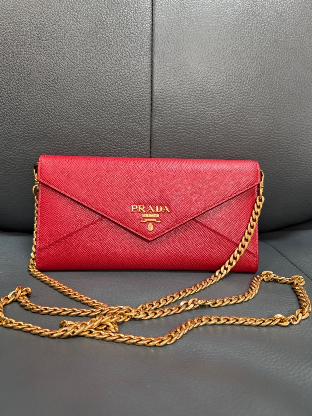 Prada Red Saffiano Envelope Crossbody with Gold Chain